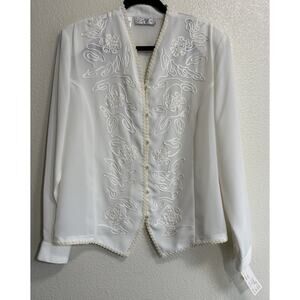 VTG White Pearl Lace & Embroidered Blouse Dead Stock Formal Dead Stock Size 18